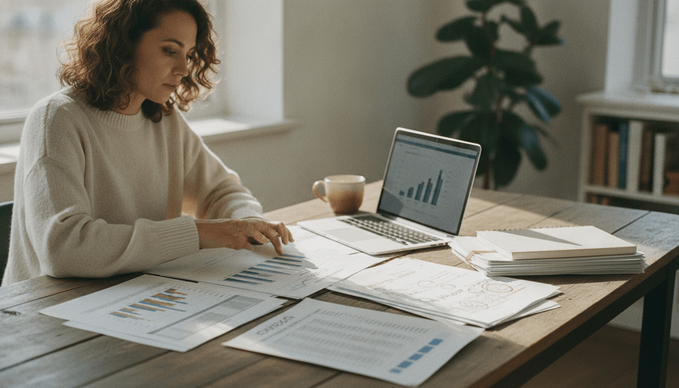 Marketer reviewing SEO analytics and article drafts at a desk.