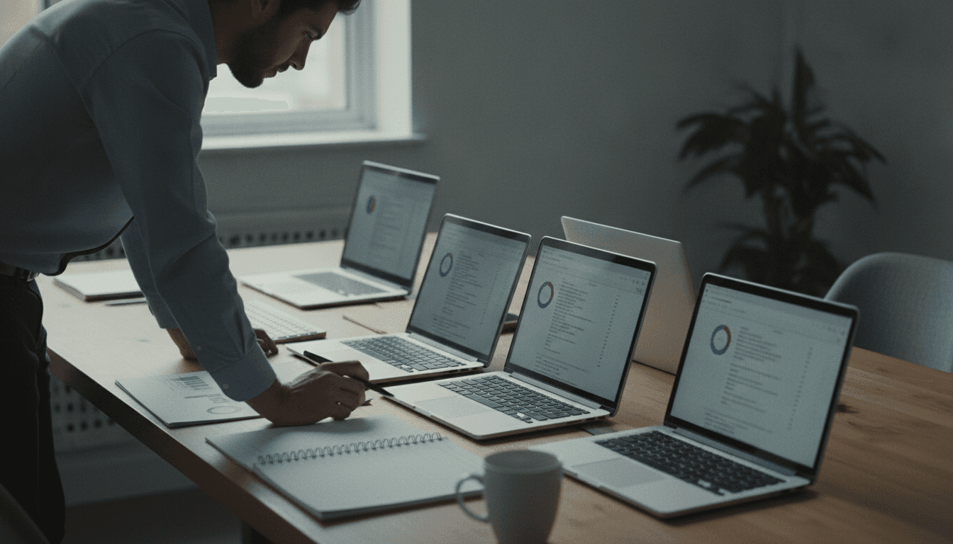 Analyst comparing search monitoring dashboards on multiple devices