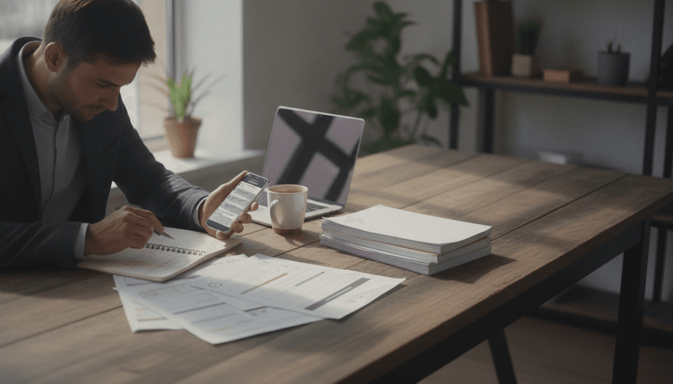 Person comparing AI search results with notes and printed reports