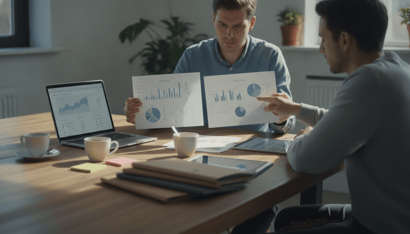 Two people compare AI search optimization reports at a desk.