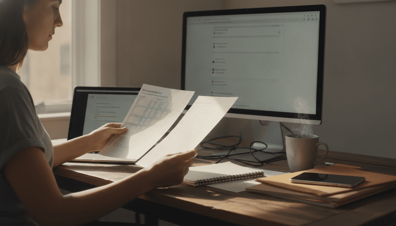 Marketer comparing SEO reports beside laptop and search results