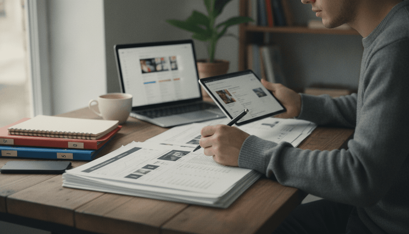 Analyst comparing analytics reports with laptop dashboards at desk