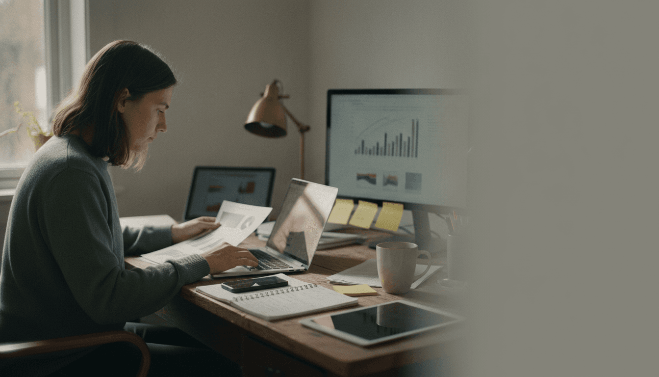 Marketer comparing SEO reports and devices at a desk