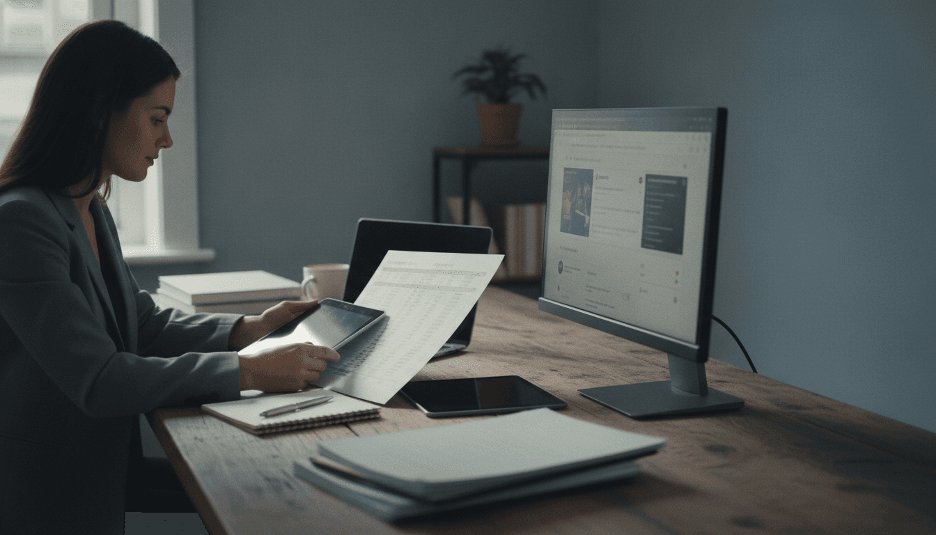 Analyst reviewing brand visibility reports across devices.