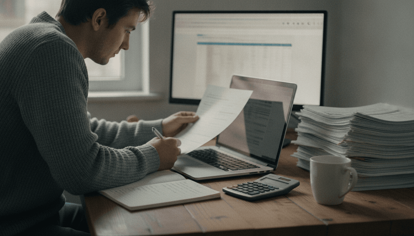 Person comparing software reviews beside a laptop and notes