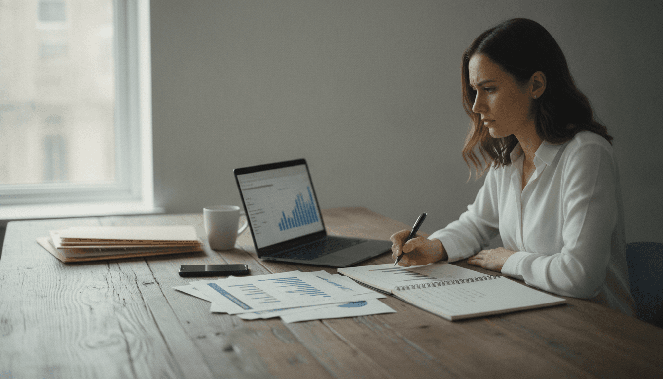 Analyst reviewing search visibility data at a desk.
