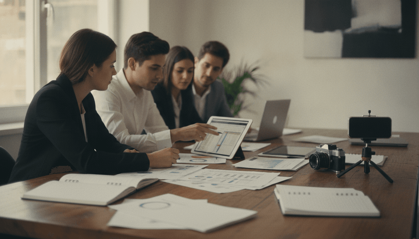 Team reviewing search analytics and vendor materials in an office