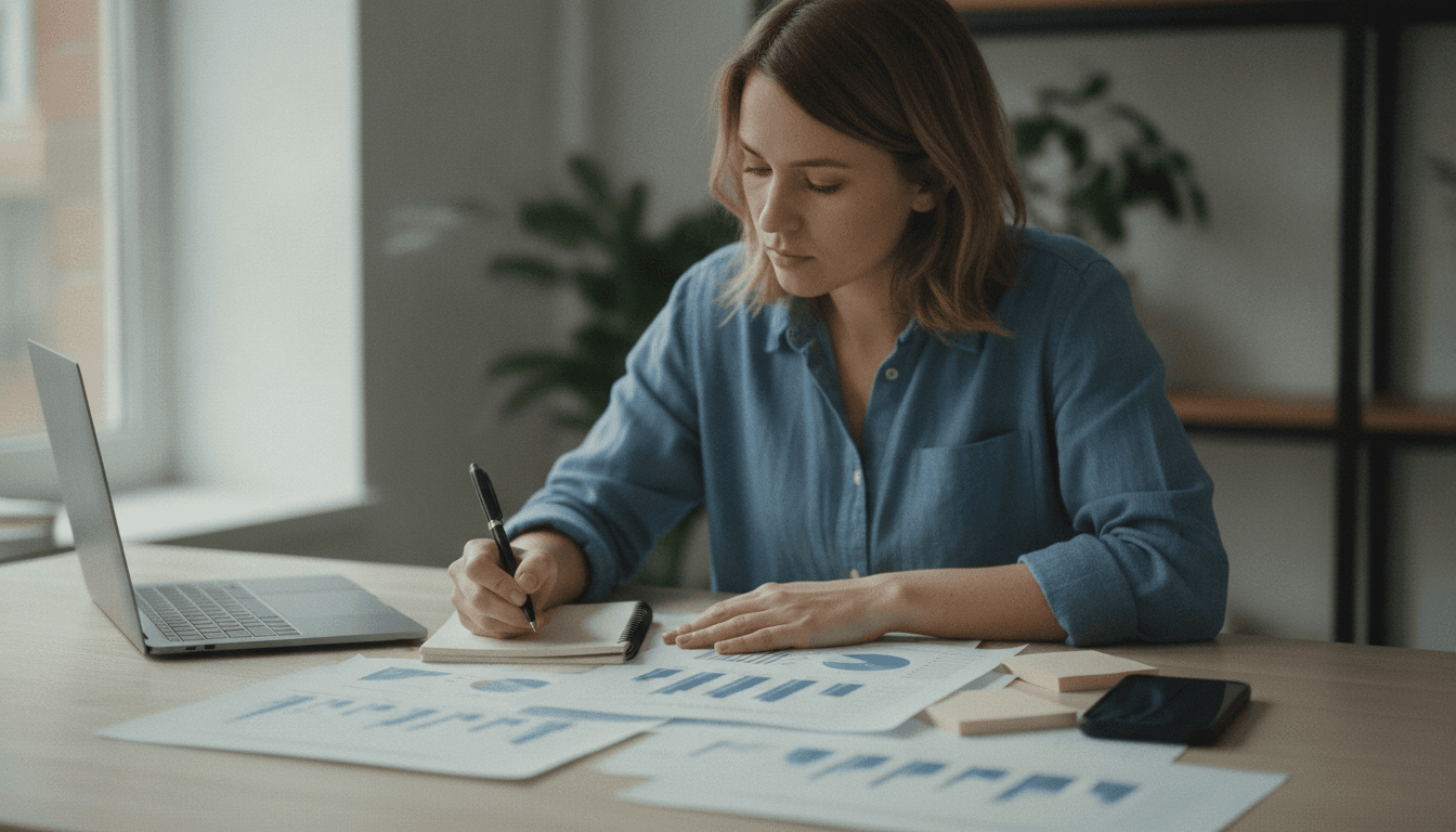 Person reviewing website analytics and notes at a desk.