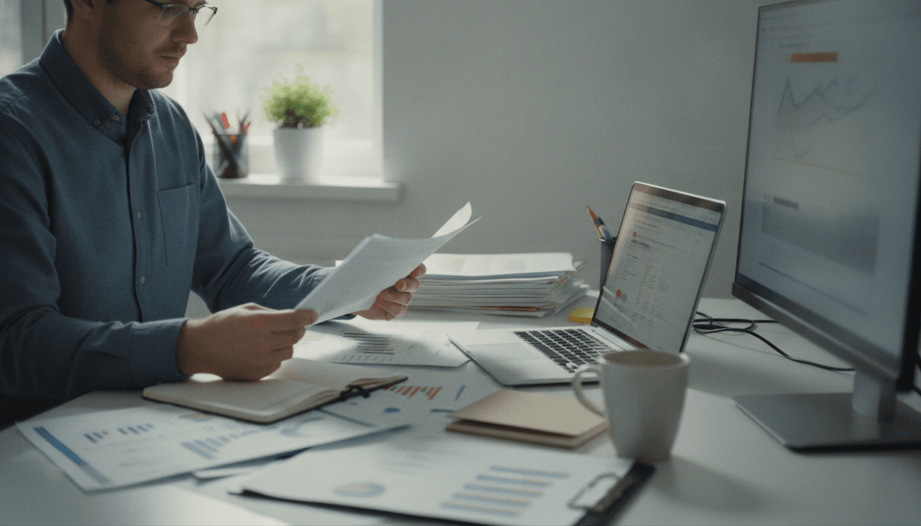Marketer reviewing SEO reports and search results at a desk