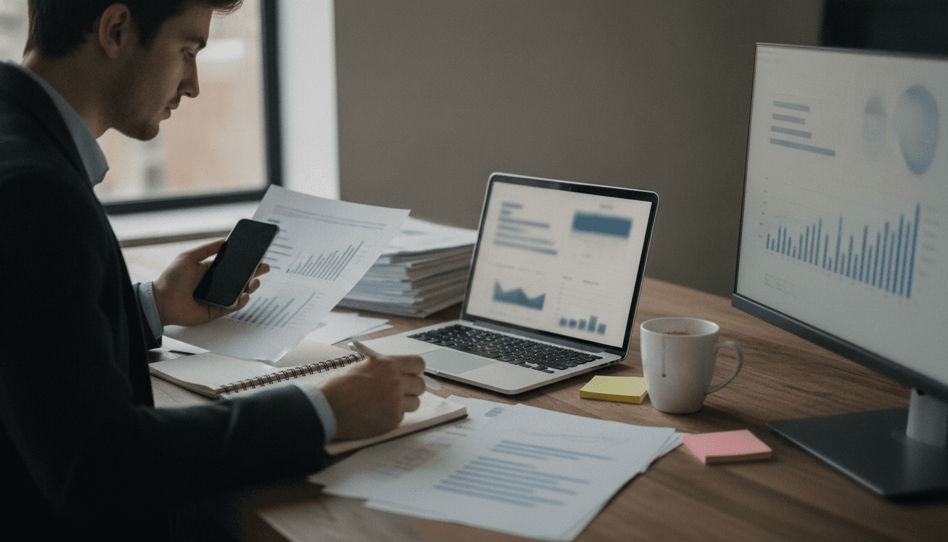 Marketer reviewing SEO analytics reports at a desk