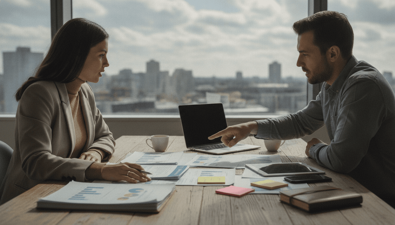 Two people reviewing SEO reports at a desk