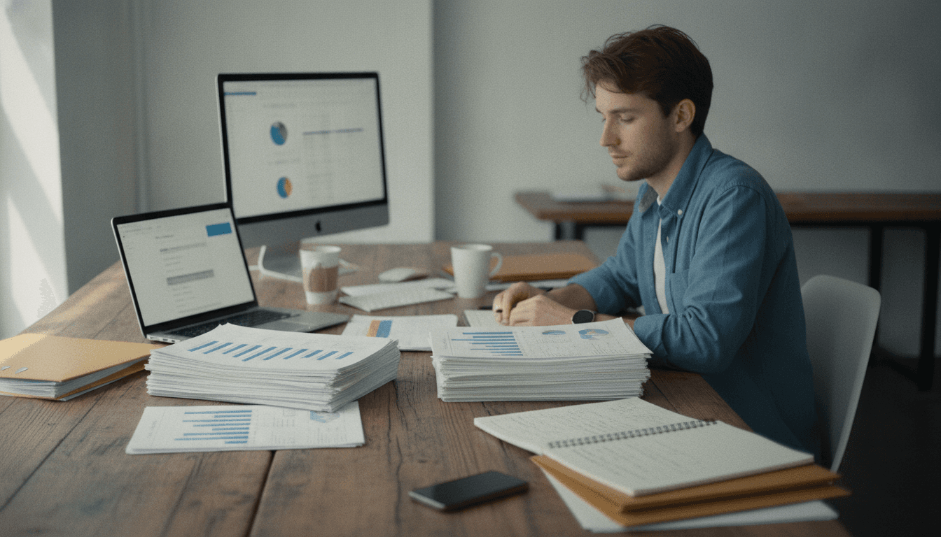 Analyst reviewing search reports and SEO charts at desk